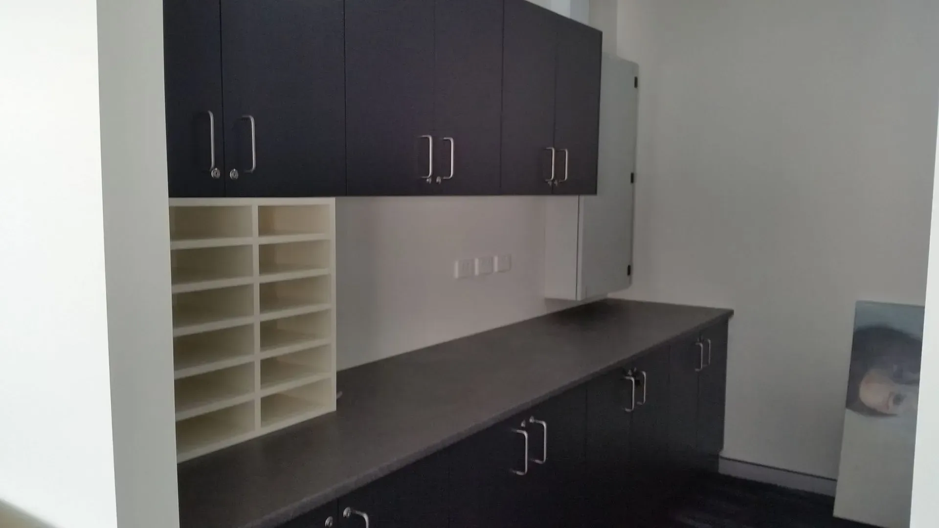 Dark custom wall cabinetry with drawers, cupboards and open shelving